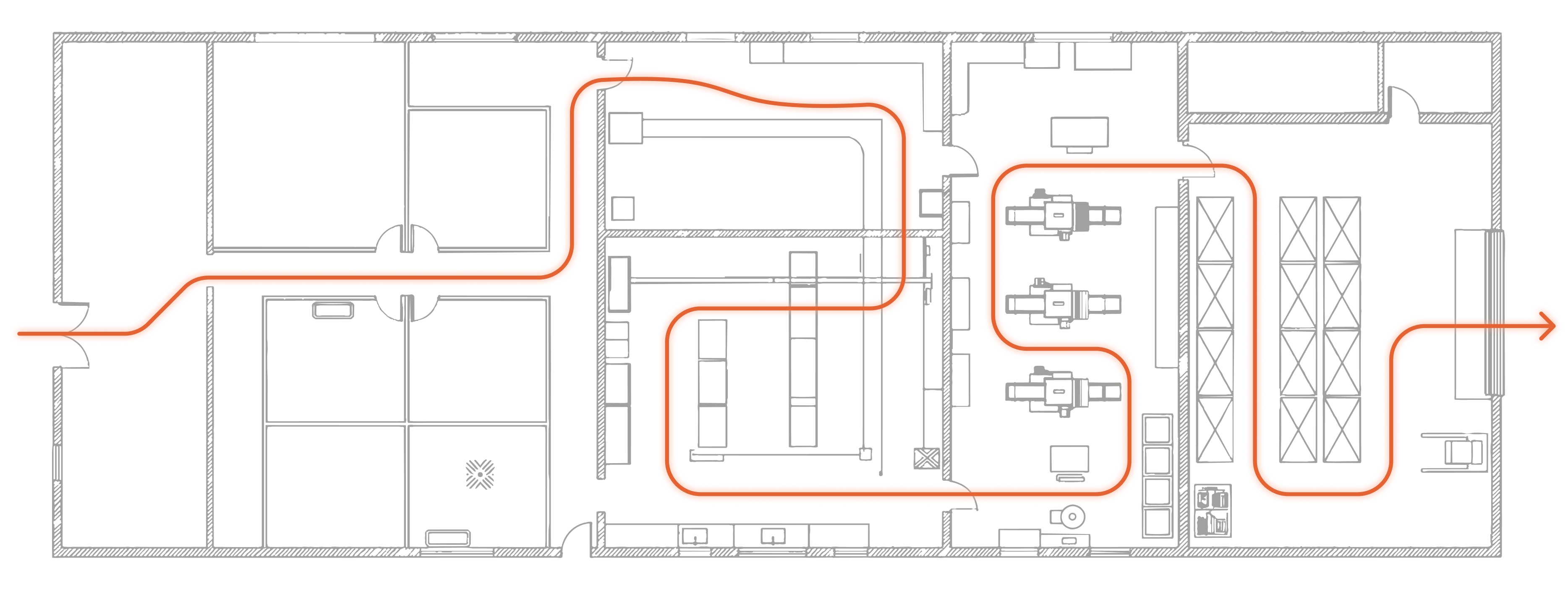Cleavr facility floor plan showing the processing path from receiving to delivery